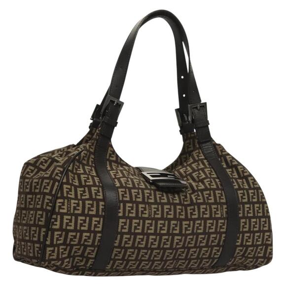 FENDI Zucchino Canvas Mamma Shoulder Bag Silver Brown - Picture 1 of 13